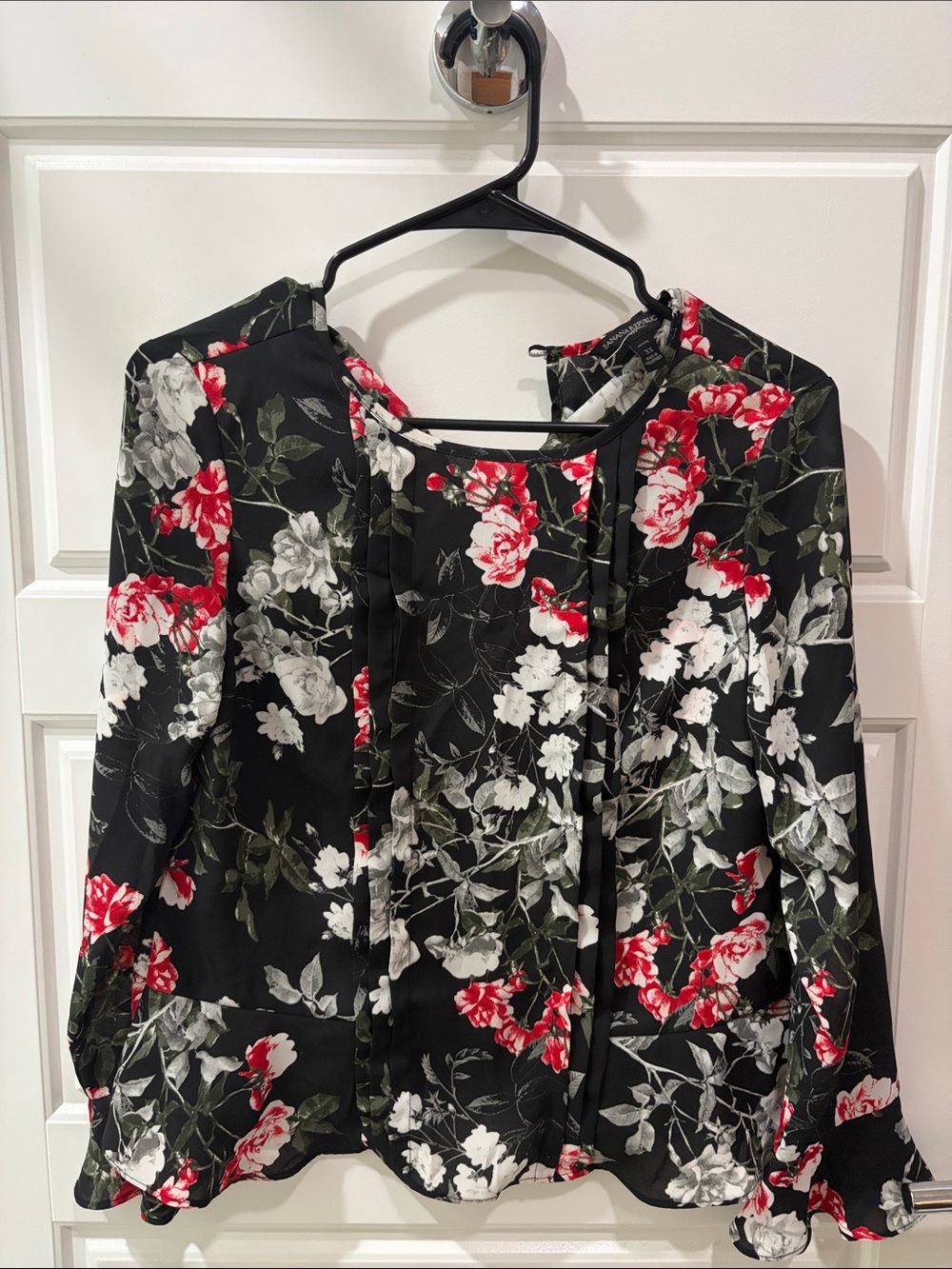 Banana Republic Black Floral Tie-Neck Blouse with Red & White Flowers